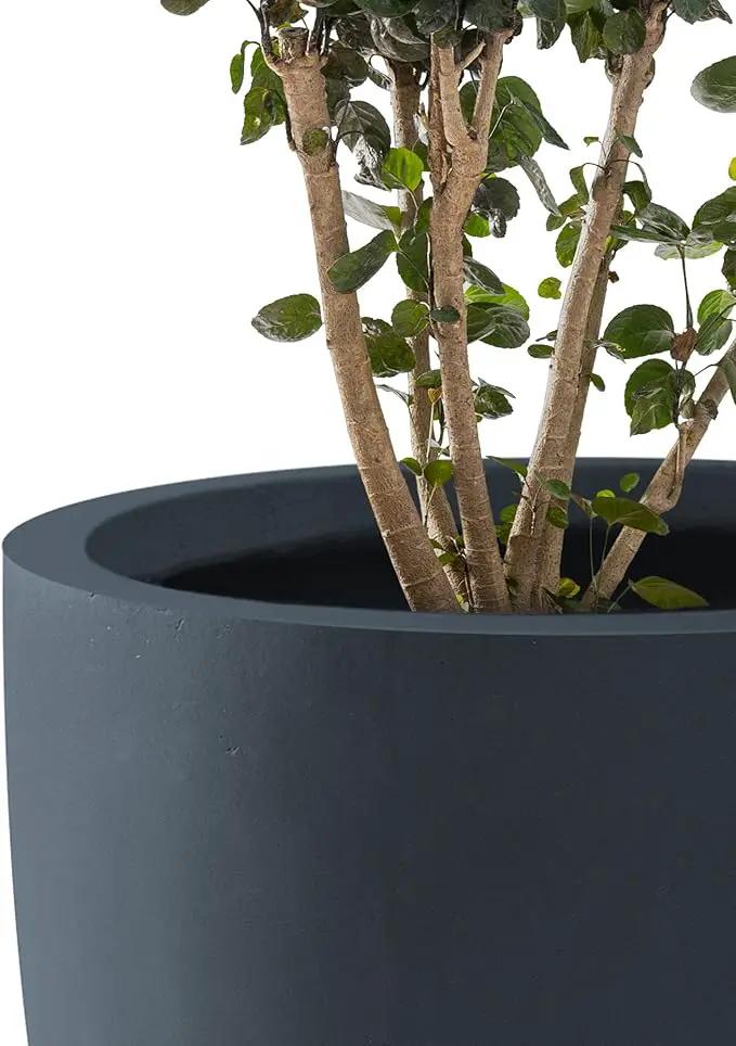 Kante 10 Inch Dia Round Concrete Planter, Indoor Outdoor Large Plant Pot with Drainage Hole and Rubber Plug for Home Patio Garden, Charcoal by GreenHaven Gardens