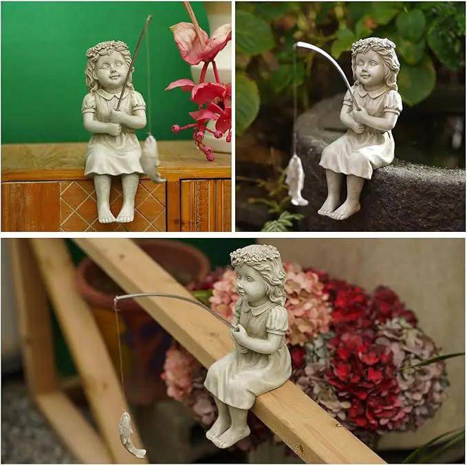 Goodeco Fishergirl Statue Garden Decor - 11" Little Fishing Guy for Koi Pond or Waterfalls, Poolside Statue with Glow in Dark Pebbles Included, Great Gifts for Mom, Women or Birthdays, Gift Ideas by GreenHaven Gardens