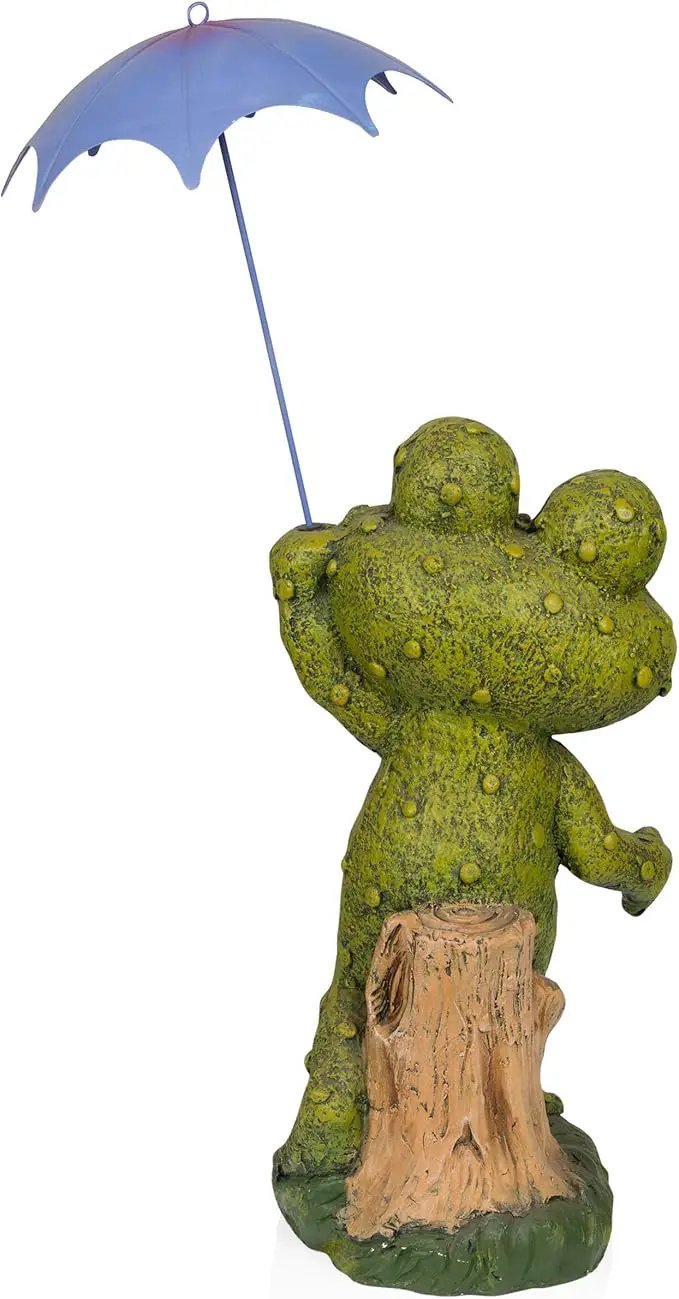 Alpine Corporation QWR1002 Indoor/Outdoor Smiling Frog with Purple Umbrella Garden Statue, Playful Frog Statue, 27" H, Green by GreenHaven Gardens