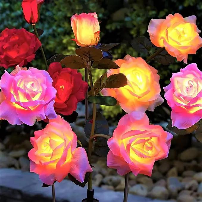 Solar Flower Lights Outdoor,Solar Garden Lights with 12 Bigger & More Realistic Flower,IP65 Waterproof Solar Powered Pathway Lights for Yard Lawn Patio Garden Decor(4Pack Rose Lights) by GreenHaven Gardens