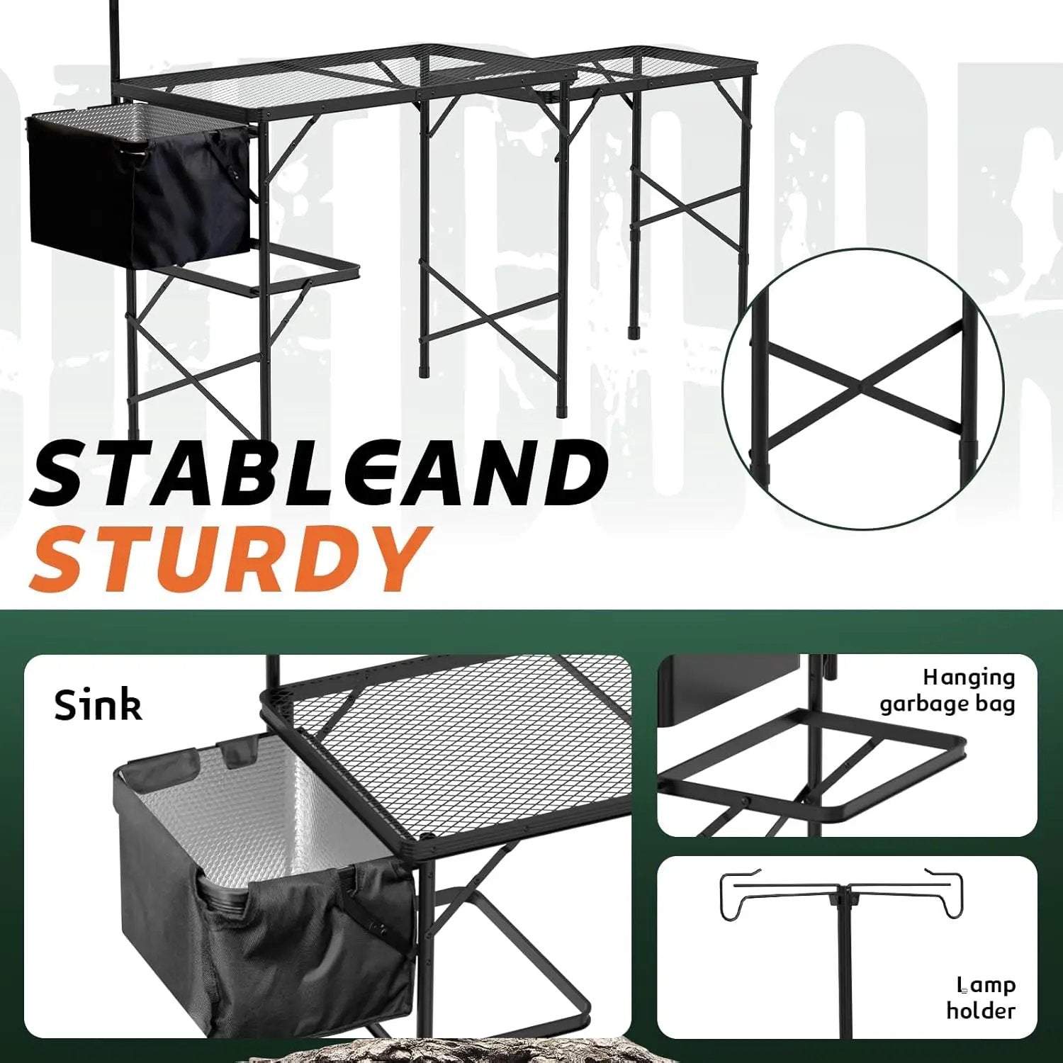 Folding Table with Sink and Double Shelf, Camping Table Height Adjustable Folding Grill Table, Portable Outdoor Table for Picnic,Camping,BBQ,Beach,69 x20 x32 Inches(Black) by GreenHaven Gardens
