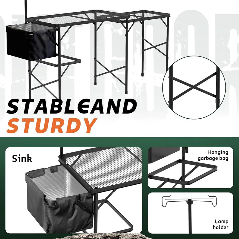 Folding Table with Sink and Double Shelf, Camping Table Height Adjustable Folding Grill Table, Portable Outdoor Table for Picnic,Camping,BBQ,Beach,69 x20 x32 Inches(Black) by GreenHaven Gardens