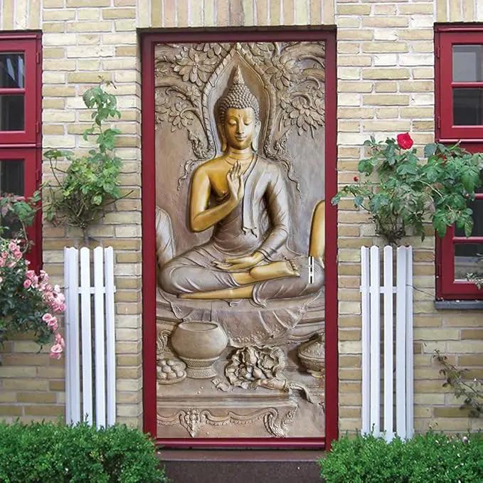 3D Door Stickers - Buddha Statue - Peel & Stick - Waterproof & Washable - Matt Finish - 35.4" x 78.7" - 2 Pieces - Wall & Door - Oriental Style - D-Buddha Statue by GreenHaven Gardens
