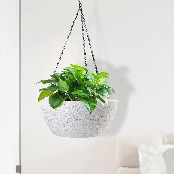 10 inch Hanging Planters for Outdoor Indoor Plants with Drainage Holes and Chain, 2 Pack Round Hanging Flower Plant Pots for Garden Home Porch Decor, Speckled White by GreenHaven Gardens
