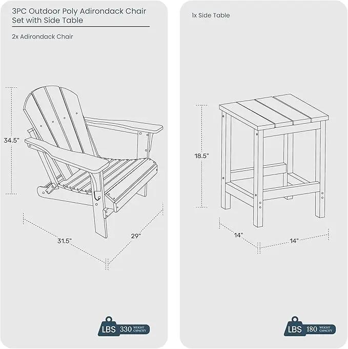 WO Home Furniture Adirondack Chair Table Set of 2 PCS Outdoor Folding Chair w Side Table Weather/UV Resistant for Lawn, Garden, Bon Fire, Balcony (Black) by GreenHaven Gardens