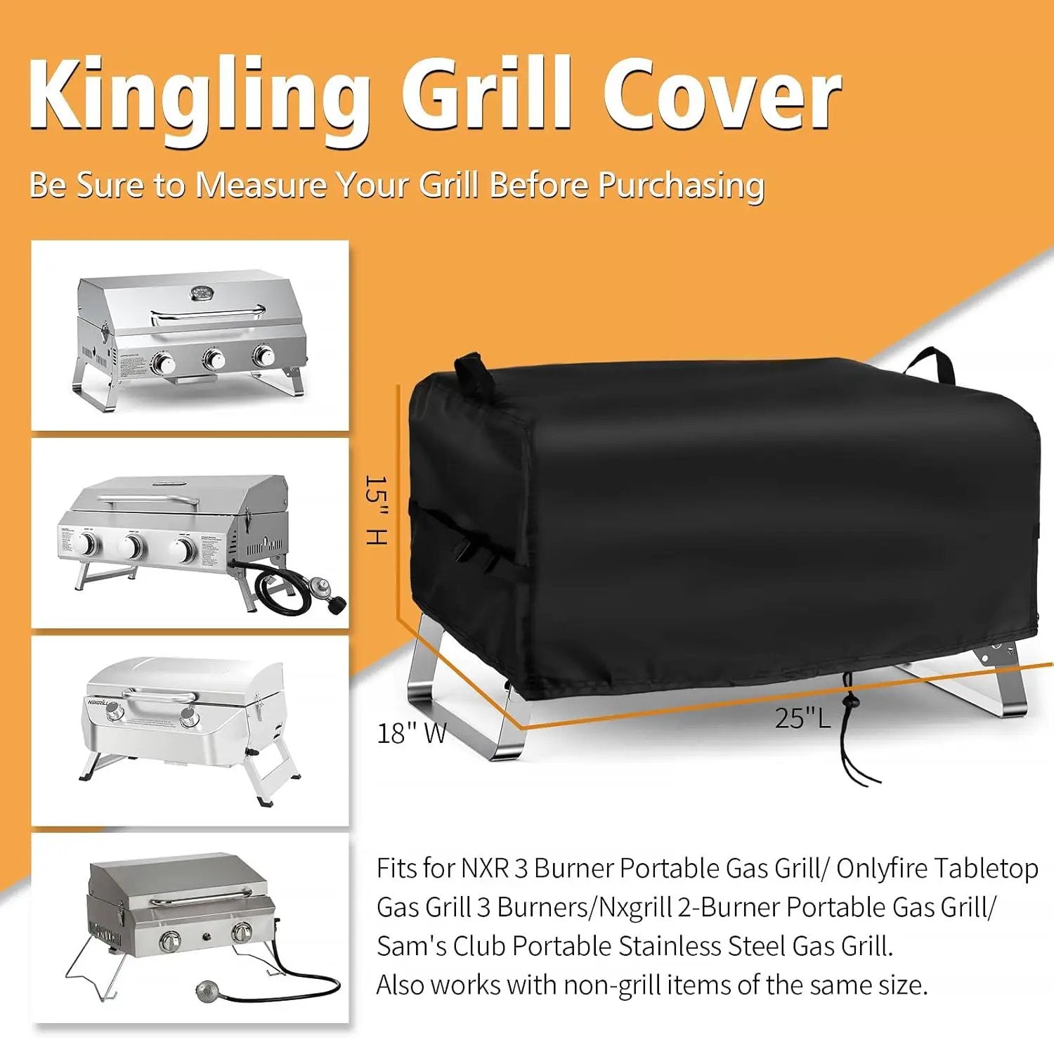 Kingling Grill Cover Fits for NXR 3 Burner Portable Gas Grill, 25 inch Waterproof Outdoor Grill Cover Barbecue Cover (Cover Only) - 25" L x 18" W x 15" H by GreenHaven Gardens