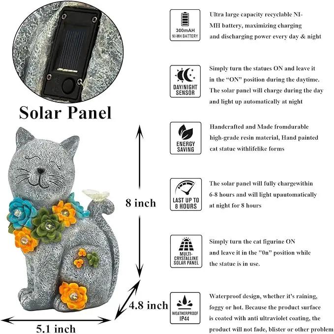 Garden Outdoor Decor Cat Statue with Solar Succulent Resin and 6 LEDs, Large Cats Sculpture with Butterfly Solar Lights for Patio, Balcony, Yard, Lawn Ornament by GreenHaven Gardens