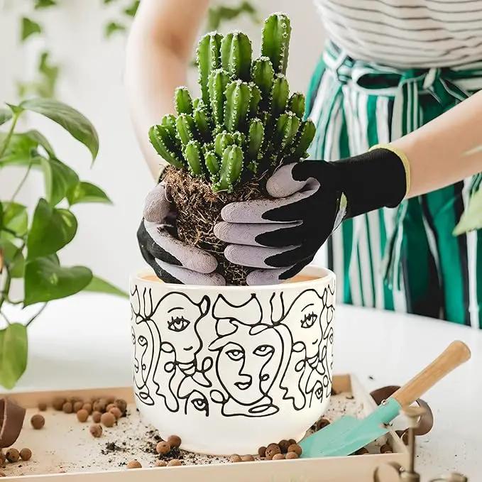 Docrin Plant Pots Indoor with Drainage : 6.6+5.4 Inch Ceramic Flower Pots for Plants - Set of 2 Modern Decorative Face Planters for House/Office/Gift - /Black and White by GreenHaven Gardens