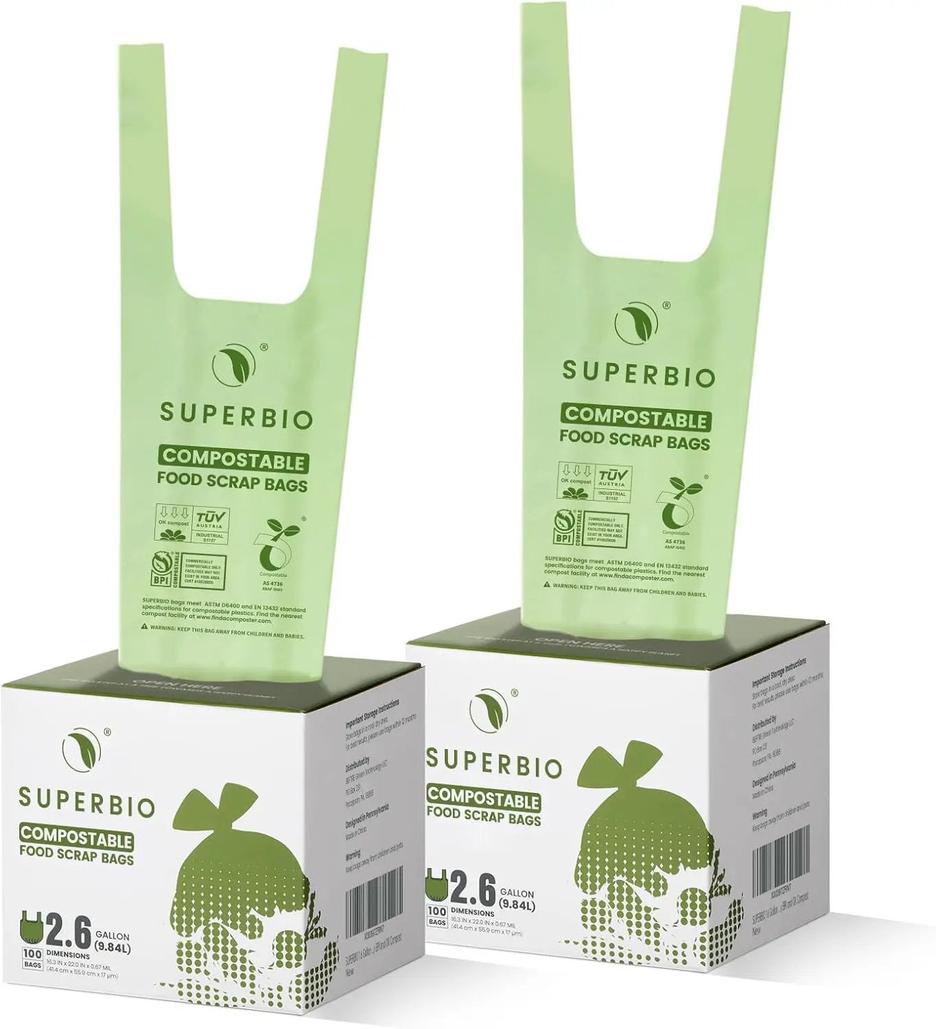 SUPERBIO 2.6 Gallon Compostable Bags, 100 Count, 2 Pack, 9.84L, Handle Tie Food Waste Bags, BPI and OK compost INDUSTRIAL Certified by GreenHaven Gardens