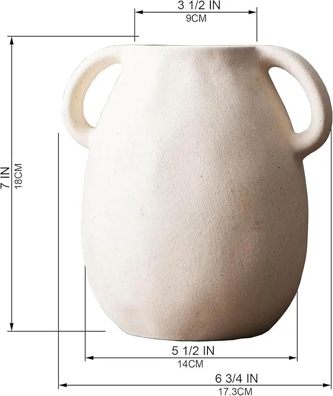 Kimdio White Ceramic Vase with 2 Handles – Sand-Glazed Clay Pottery Vase for Dried Flowers, Rustic Modern Table Decor, Farmhouse Boho Shelf Decoration by GreenHaven Gardens