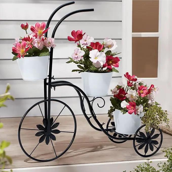 BAYN Bicycle Planter Stand, Metal Flower Pot Cart Holder Tricycle Planter with 3 Plant Bucket Outdoor Decorative for Patio, Deck, Garden or Lawn by GreenHaven Gardens