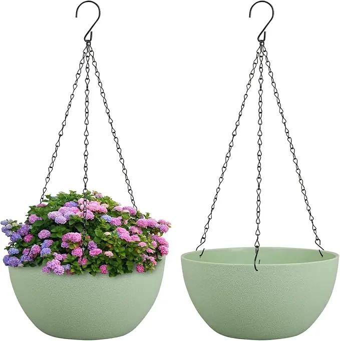 8 inch Small Hanging Planters Plant Pots for Indoor Outdoor Plants, 2 Pack Hanging Flower Pots with Drainage Holes and Chain for Garden Porch, Plastic Hanging Baskets for House Plants, Green by GreenHaven Gardens