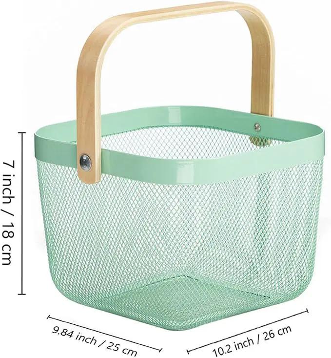 Metal Mesh Steel Basket, Storage Organizer Basket Multi-functional Hanging Kitchen Baskets Fruit Basket with Wooden Handle for Kitchen Bathroom Picnic Shopping Decor Cabinet Home, Macaron Blue by GreenHaven Gardens