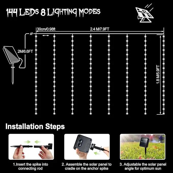 Solar Curtain Lights 7.9ft x 6ft 144 LED Outdoor Curtain Lights Waterproof with Timer 8 Modes for Christmas Garden Patio Fence Wedding Wall Window Gazebo Decor - Warm White by GreenHaven Gardens