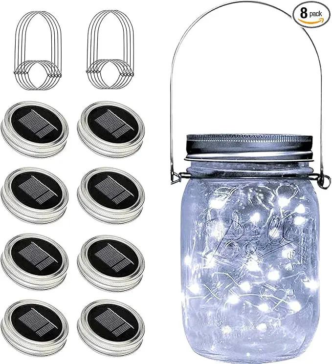 Solar Mason Jar Lights Lids, 8 Pack 30 Led Fairy Lights(Jars Not Included), Outdoor Hanging Mason Jar Solar Lights, Fairy in a Jar Solar Firefly Lights for Patio Garden Table Decor by GreenHaven Gardens