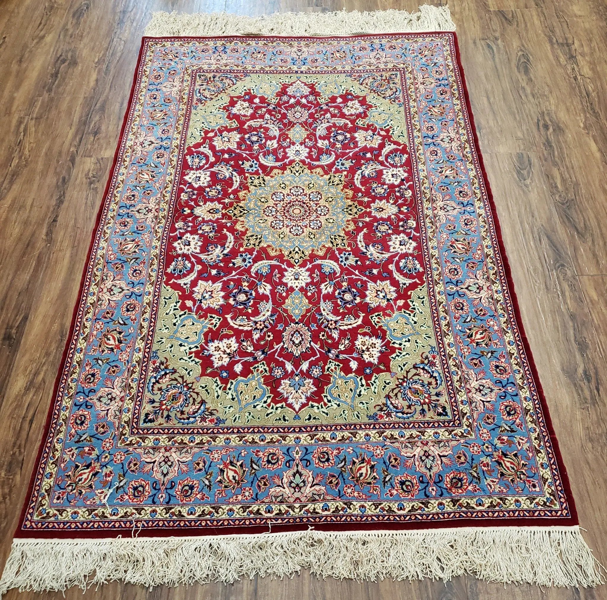 Semi Antique Persian Isfahan Rug, Kork Wool on Silk Foundation, Red & Blue, Top Quality, 3'6" x 5' 6" by Jewel Rugs