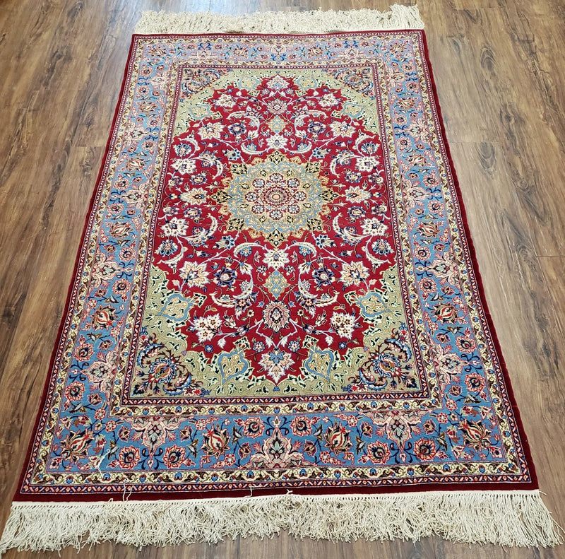 Semi Antique Persian Isfahan Rug, Kork Wool on Silk Foundation, Red & Blue, Top Quality, 3'6" x 5' 6" by Jewel Rugs