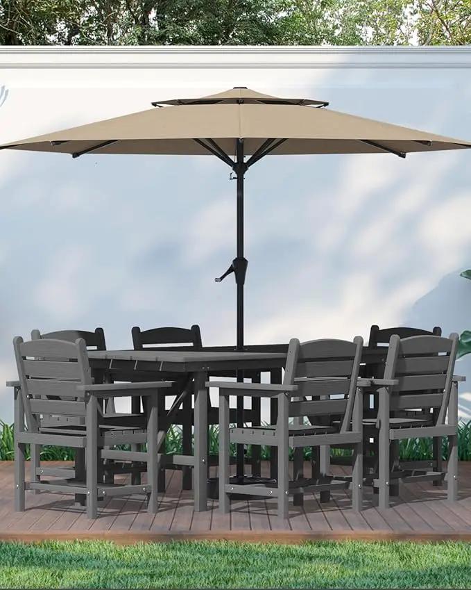 Patio Dining Set for 6 with Umbrella Hole - 66" Outdoor Table & 6 Chairs, All-Weather HDPE Outdoor Furniture for Lawn, Garden, Backyard, Poolside, Gray by GreenHaven Gardens
