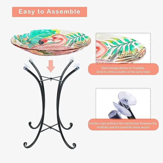 VCUTEKA 18" Outdoor Glass Birdbath with Sturdy Metal Stand for Lawn, Yard, or Garden Decor Bird Lovers Gift, Flamingo Bird Bath Detachable, 22" Height by GreenHaven Gardens