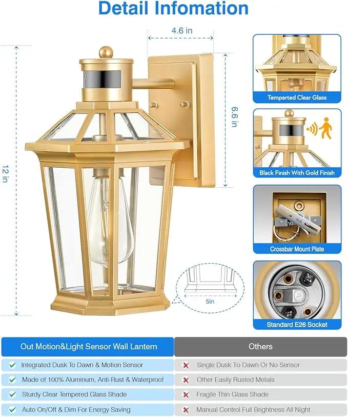 VIANIS Gold Outdoor Wall Lights with Motion Sensor, Dusk to Dawn Outside Porch Lights Lantern, Waterproof Weather Resistant Exterior Lights for House, Doorway, Garden, Home with Clear Glass Shade by GreenHaven Gardens