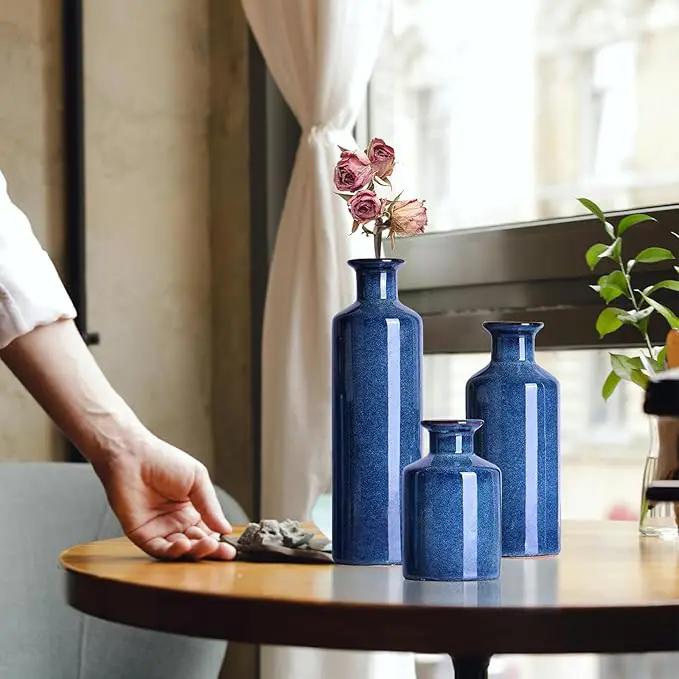 Blue Ceramic Vase Set of 3,Home Decorative Flower Vase,Small vase Set for Farmhouse Living Room Bedroom Tabletop Decor,Office Bookshelf Centerpiece Entrance Decoration by GreenHaven Gardens