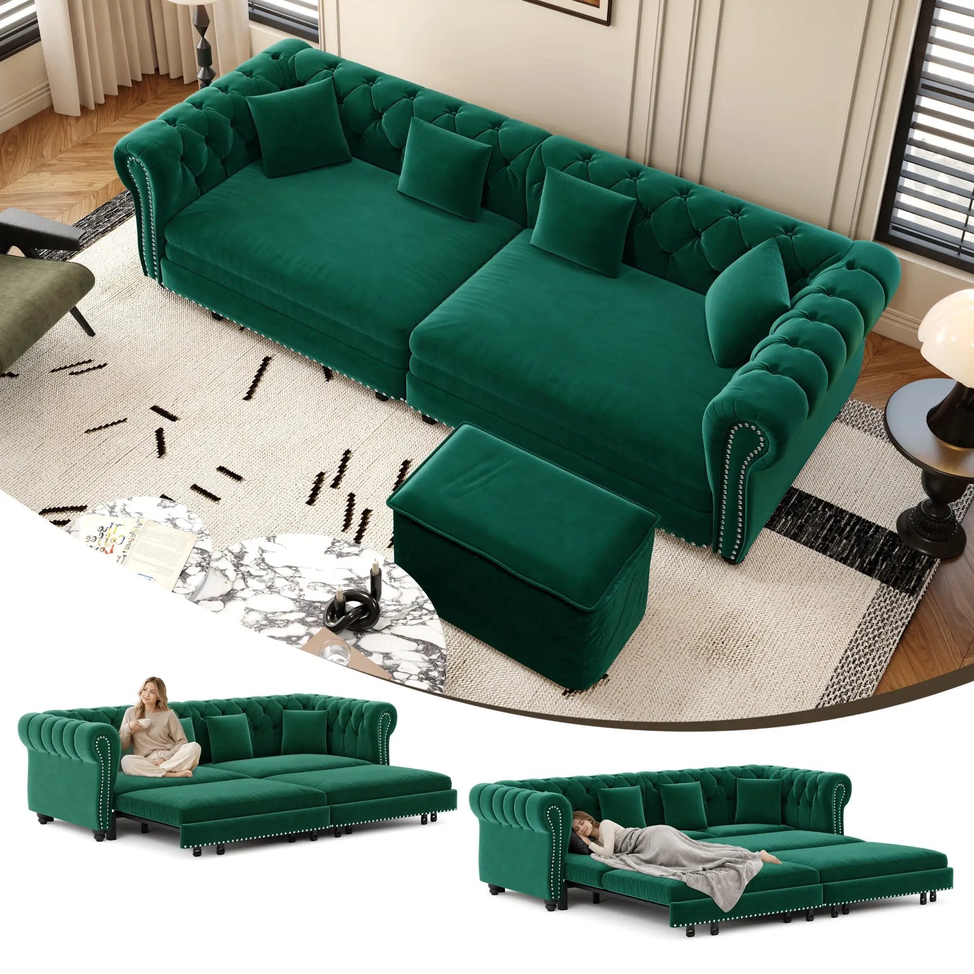 Chesterfield 3-in-1 Pull-Out Sofa Bed - Green by HouseOfZazla