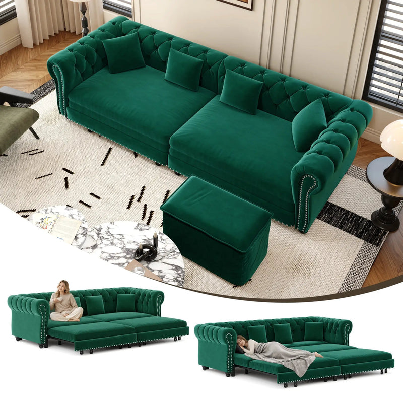 Chesterfield 3-in-1 Pull-Out Sofa Bed - Green by HouseOfZazla