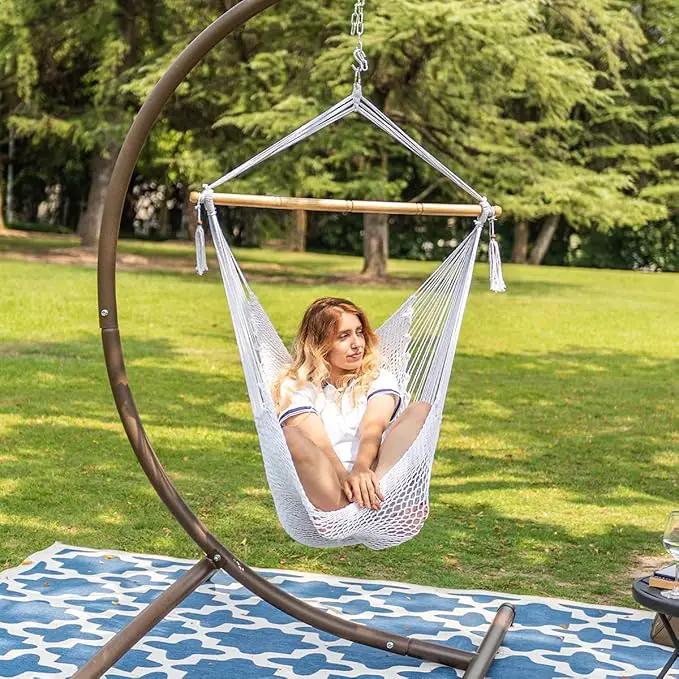 Lazy Daze Hammocks Hanging Chair Caribbean Swing Chair Hammock Chair w/Soft-Spun Cotton Rope, 40" Hardwood Spreader Bar Wide Seat, Max 300 Pounds, for Indoor Outdoor Garden Yard, White by GreenHaven Gardens
