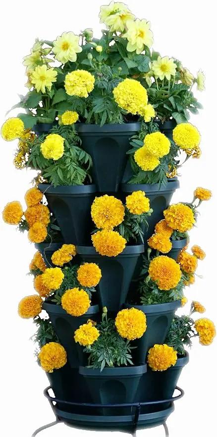 Mr. Stacky 1305-HG 5-Tier Stackable Strawberry, Herb, Flower, & Vegetable Planter - Vertical Gardening Indoor / Outdoor Stacking Garden Pots Hunter Green, 22.5 Quarts by GreenHaven Gardens