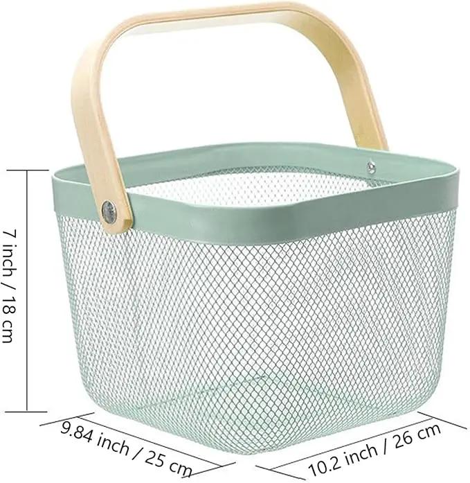 Metal Mesh Steel Basket, Storage Organizer Basket Multi-functional Hanging Kitchen Basket Fruit Basket Bin with Bamboo Handle, 9.84 x 10.2 x 7 inch, Mint Green by GreenHaven Gardens