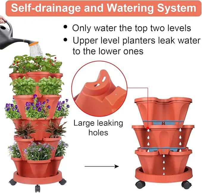 Vertical Planter 5 Tier Stackable Planters Garden Planters Strawberry Herb Flower and Vegetable Planter Indoor Outdoor Gardening Pots with Removable Wheels and Tools 2-Pack by GreenHaven Gardens