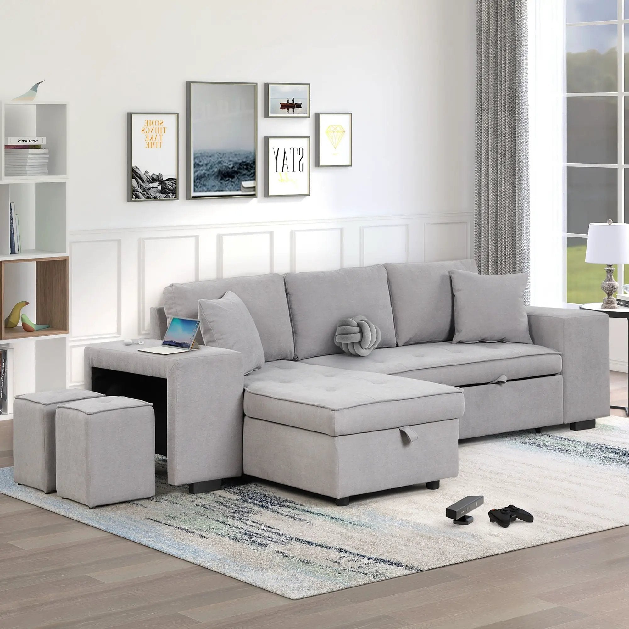 Modern L-Shape 3 Seat Reversible Sectional Couch, Pull Out Sleeper Sofa With Storage Chaise And 2 Stools For Living Room Furniture Set by HouseOfZazla