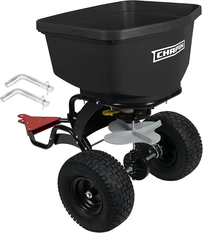Chapin 8622B Made in The USA 2.2 Cubic Feet Tow and Pull Behind Spreader with Auto-Stop Dual Impeller That Stops When Not Moving, Designed for Farm and Tough Terrain, Hitch Pins, Black by GreenHaven Gardens