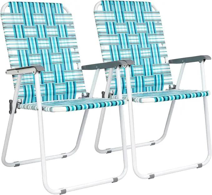 VINGLI Patio Lawn Webbed Folding Chairs Set of 2, Outdoor Beach Chair Portable Dining Chair for Outdoor Yard, Garden (White & Blue, Classic) by GreenHaven Gardens