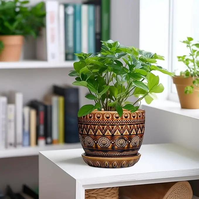 G EPGardening Ceramic Pot for Plants 5.5 Inch - Ceramic Plant Pot with Drainage Hole and Saucer, Boho Round Planter for Indoor Outdoor Plants, Plant Lover Gifts, Office Garden House Decor, Brown by GreenHaven Gardens