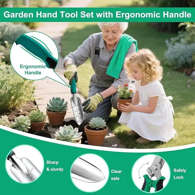 Garden Tool Set for Women, 12pcs Heavy Duty Gardening Tools, Cute Gardening Supplies Gifts for Women Mom, Garden Hand Tools with Fashion Organizer Handbag, Garden Tools for Gardening, Planting, Green by GreenHaven Gardens