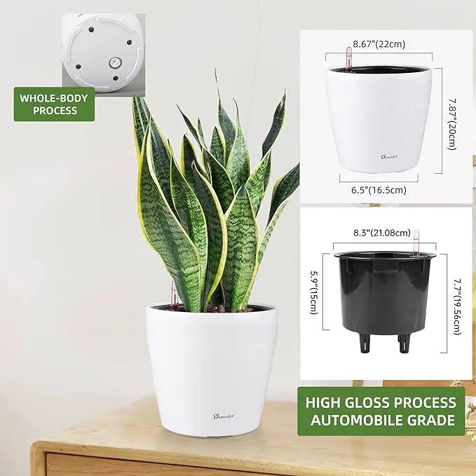 Dexceder 9x8 Inches High Gloss Self Watering Planter Indoor Outdoor, Inner Pot Design, Thickened Table Flower Plant Pot with Water Level Indicator (White) by GreenHaven Gardens