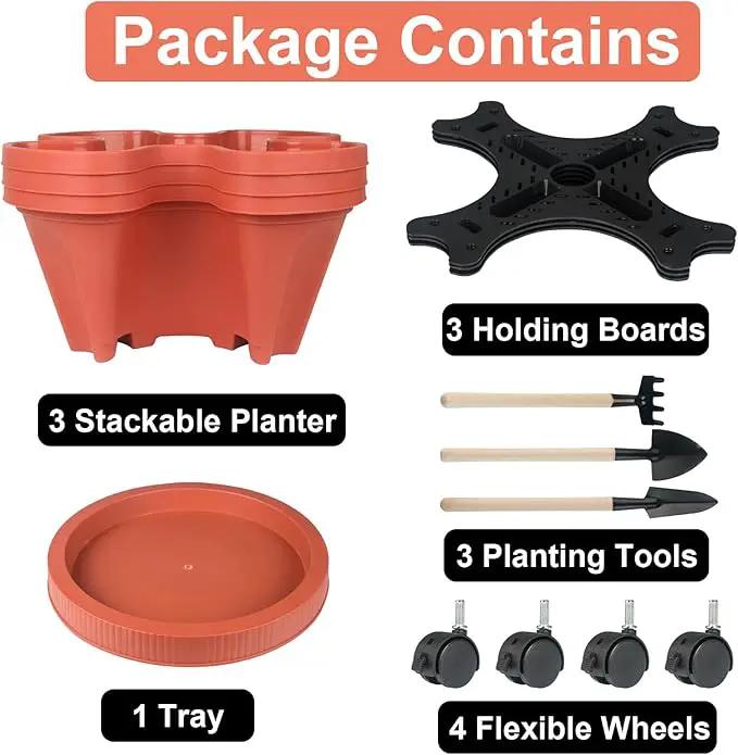 Vertical Planter 3 Tier Stackable Planters Garden Planters Strawberry Herb Flower and Vegetable Planter Indoor Outdoor Gardening Pots with Removable Wheels and Tools 2-Pack by GreenHaven Gardens