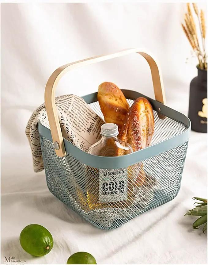 Metal Mesh Steel Basket, Storage Organizer Basket Multi-functional Hanging Kitchen Baskets Fruit Basket Bin with Bamboo Handle for Kitchen Bathroom Picnic Shopping Decor Cabinet Home, Blue by GreenHaven Gardens