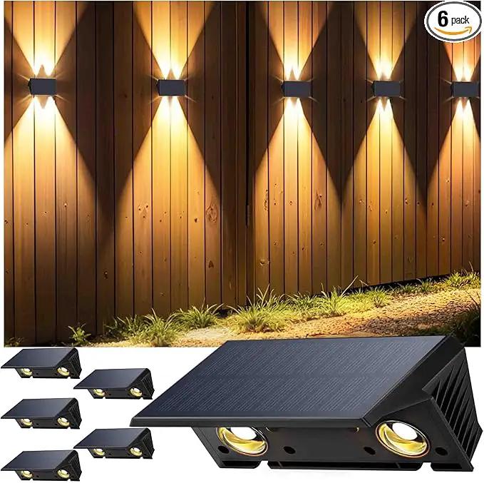 Fence Lights Solar Powered, 6-Pack Solar Fence Lights Up/Down Flexible Buttons, IP67 Waterproof for Outdoor, 120LM Bright, Auto Dusk to Dawn for Wall/Stairs/Yard/Railing/Deck/Pathway (Warm White) by GreenHaven Gardens