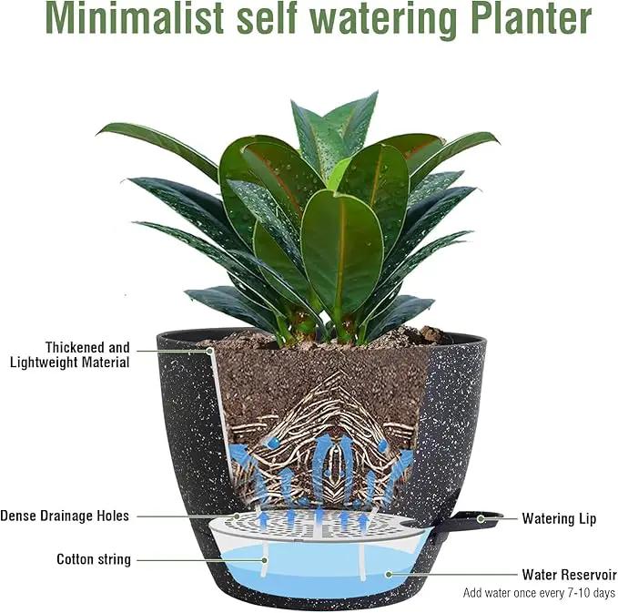 12 inch Large Self Watering Pots for Indoor Outdoor Plants, Flower Plant Pots with Mesh Drainage Holes for Garden House Plants, Plastic Planters with Reservoir for Home Decor, Speckled Black by GreenHaven Gardens