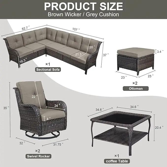 Outdoor Furniture Sectional Sofa L Shaped Couch - Patio Wicker Set with 2 Swivel Glider Chairs, 8 Piece Rattan Patio Conversation Sets with Gray Cushion for Deck Backyard Sunroom Grey Cushion by GreenHaven Gardens