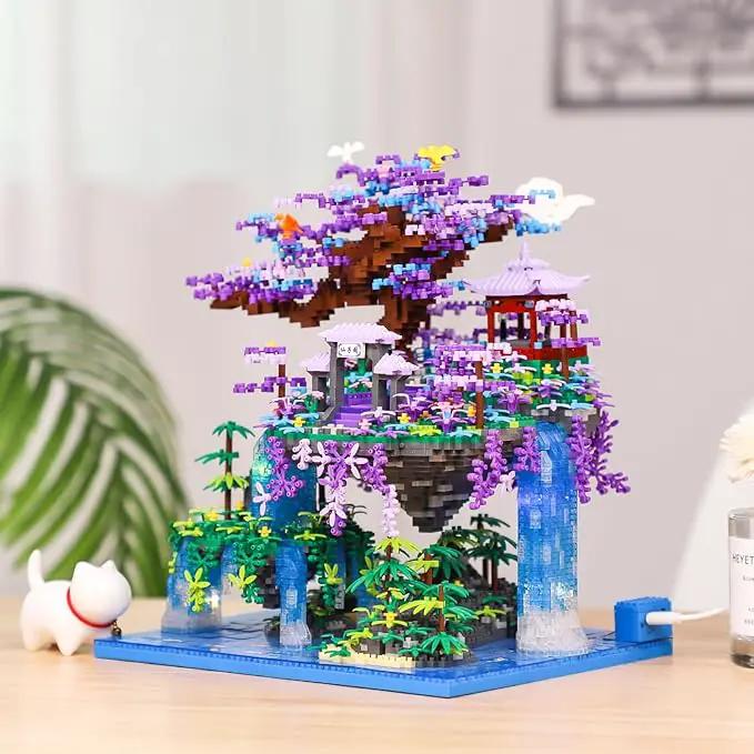 Chinese Moon Palace Pavilion Building Blocks Set - Micro Miniature Bonsai Tree House with String Lights and Flowers for Adults and Kids (4574 Pieces) by GreenHaven Gardens