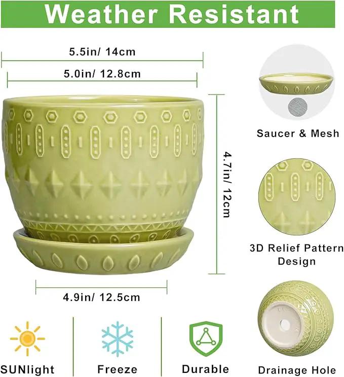 G EPGardening Ceramic Planter 5.5 Inch - Boho Plant Pot Indoor with Drainage Hole and Saucer, Round Flower Succulent Pot for Plants, Plant Lovers Gifts, Garden Office House Decor, Green by GreenHaven Gardens