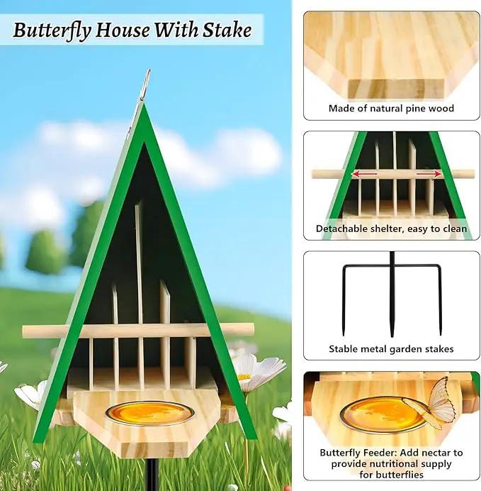2025 New Butterfly House and Feeder for Outside, Wooden Butterfly House with Metal Stake for Garden, Natural Butterfly Habitat with Butterfly Puddler on The Floor or Hanging on Tree Wall by GreenHaven Gardens