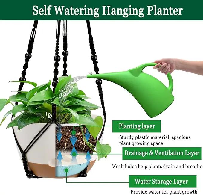 Hanging Planter Self Watering 10 Inch, 2 Pack Indoor Outdoor Hanging Baskets, Hanging Flower Pots with Drainage Hole & 2 Kinds of Plant Hangers for Garden Home Decor(Black Hanger by GreenHaven Gardens