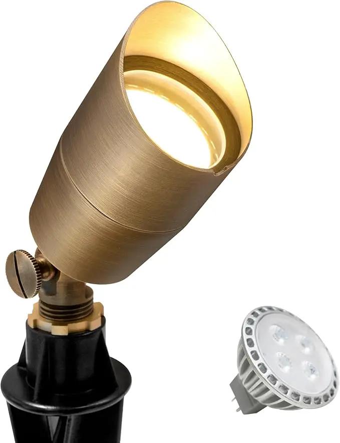 GKOLED Solid Brass Low Voltage Compact Spotlight, 12V AC/DC Waterproof Outdoor Landscape Spot Lights for House Trees Garden Yard Lawn, Up Light with 5W 2700K MR16 Bulb, Stake Included by GreenHaven Gardens
