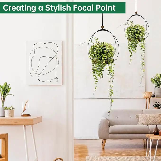 2 Pack Hanging Planters for Indoor Plants, Black Plant Hanger with Sturdy Wood Base, Modern Boho Macrame Hanger, Wall Ceiling Window Planters (Plants/Pots Not Included) by GreenHaven Gardens