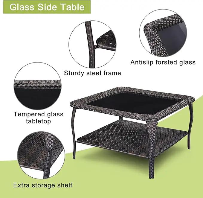 Patio Tables Outdoor Coffee Table - Wicker Rattan Coffee Tables with 2-Tier Storage Shelf Glass Top for Proch Deck Balcony Garden Squre Brown by GreenHaven Gardens