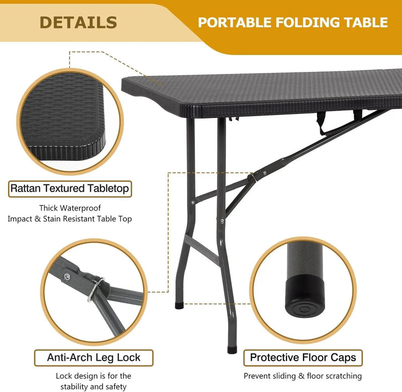 6FT Folding Table, Heavy Duty Plastic Table Portable Fold-in-Half Utility Table Indoor Outdoor Picnic Table w/Handle & Lock for Camping BBQ Party Wedding Market Events, Black Ratten by GreenHaven Gardens
